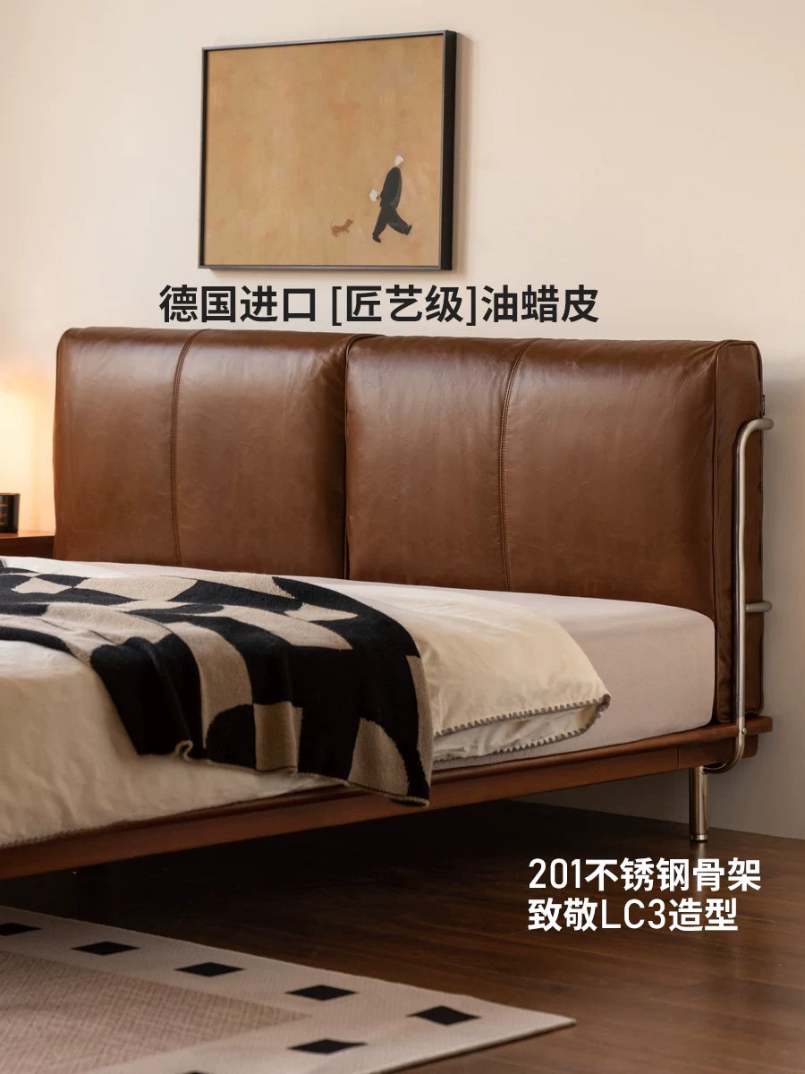真皮床卧室包豪斯头层牛皮软靠床中古风高靠背双人床